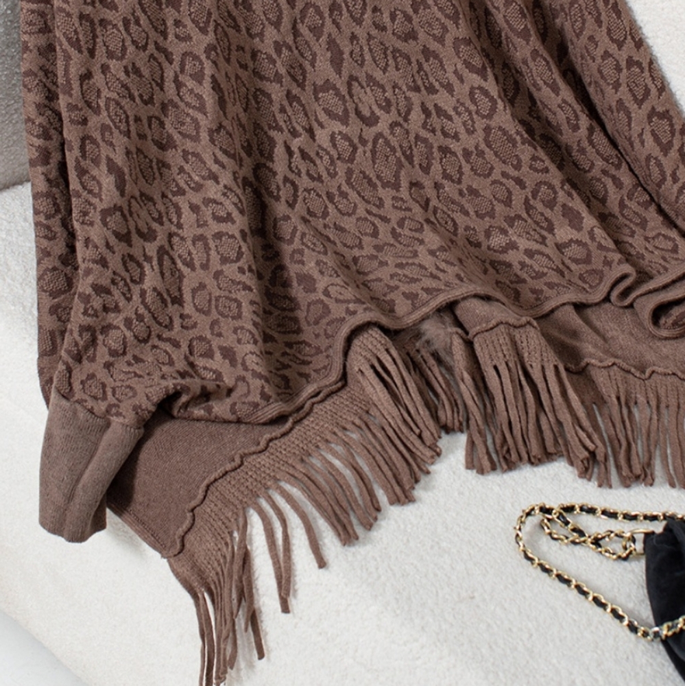 Plush Faux Fur Leopard Retro Fringe Boho Oversized Poncho Knit Cardigan Jacket - Picture 10 of 15